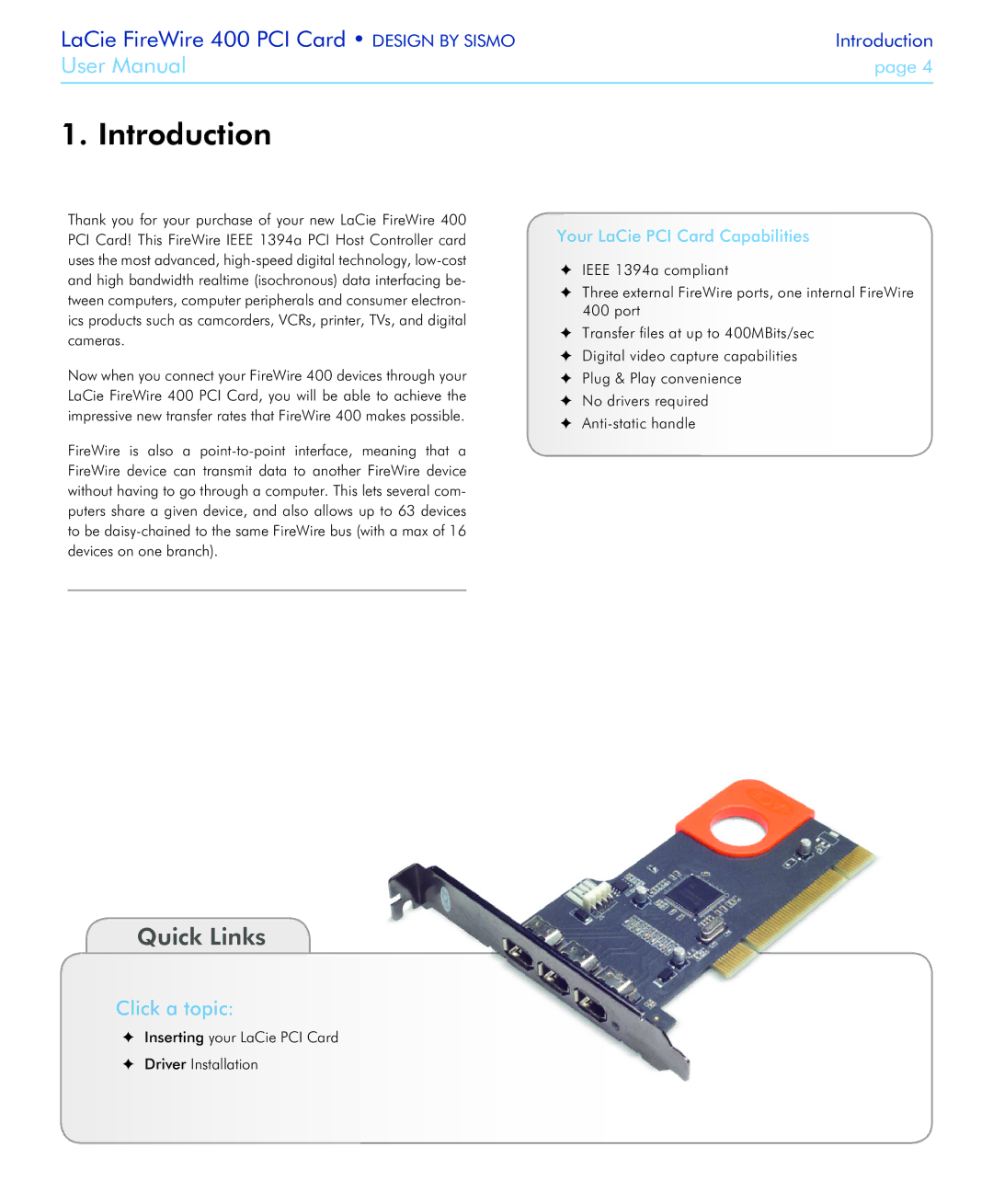 LaCie 400 user manual Introduction, Quick Links, Click a topic, Your LaCie PCI Card Capabilities 