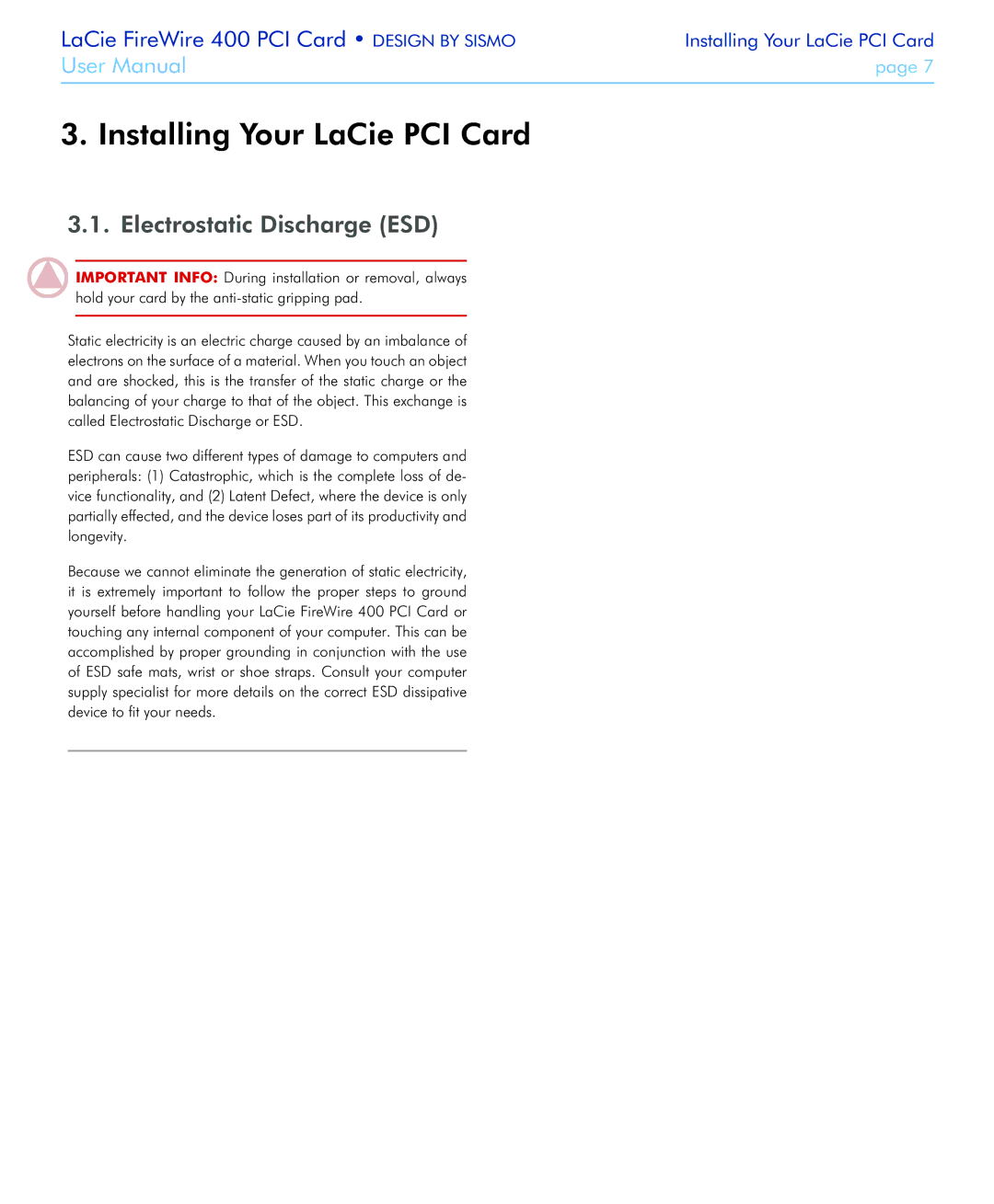 LaCie 400 user manual Installing Your LaCie PCI Card, Electrostatic Discharge ESD 