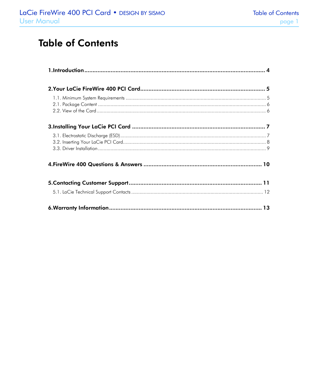LaCie user manual Table of Contents, LaCie FireWire 400 PCI Card DESIGN BY SISMO, User Manual, page, Introduction 