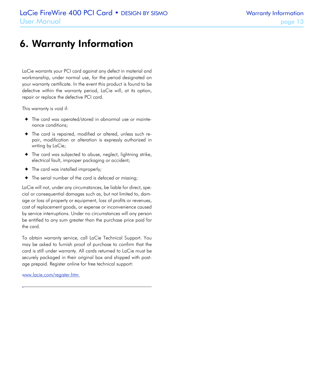 LaCie user manual Warranty Information, LaCie FireWire 400 PCI Card DESIGN BY SISMO, User Manual, page 