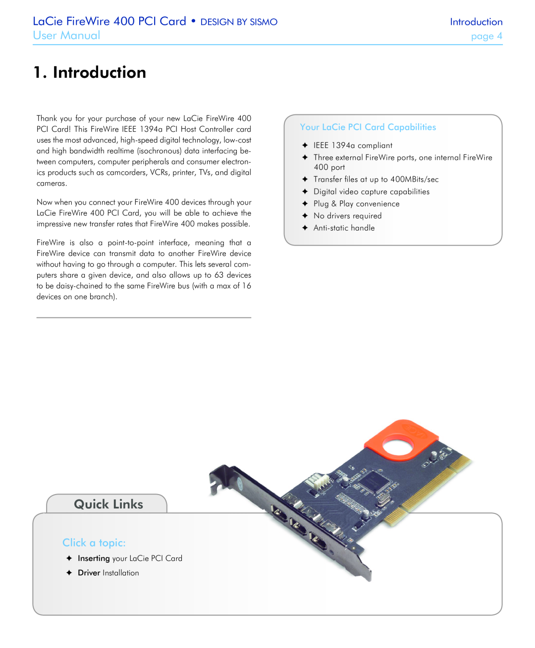 LaCie 400 user manual Introduction, Quick Links, Click a topic, Your LaCie PCI Card Capabilities, User Manual, page 