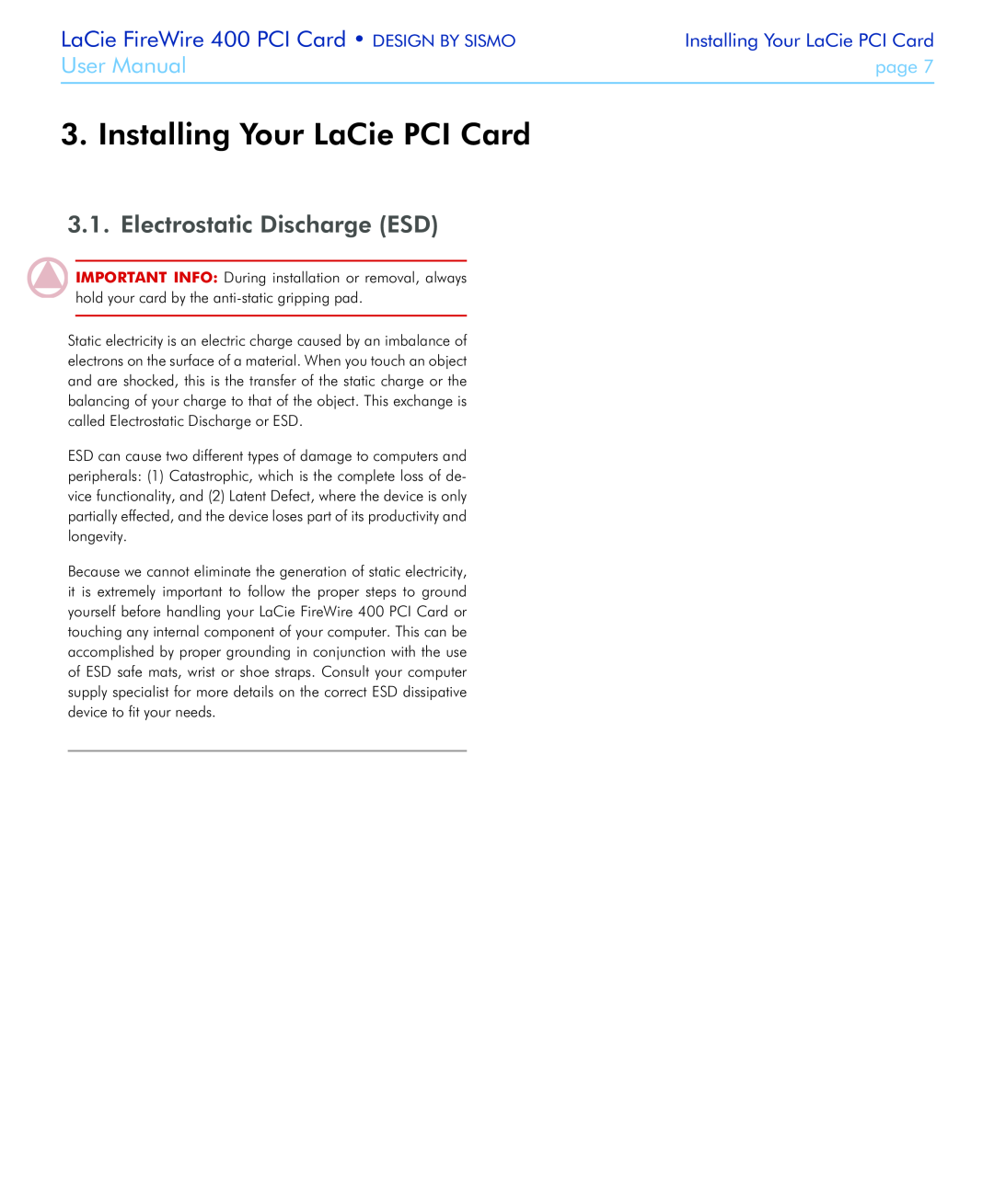 LaCie Installing Your LaCie PCI Card, Electrostatic Discharge ESD, LaCie FireWire 400 PCI Card DESIGN BY SISMO, page 
