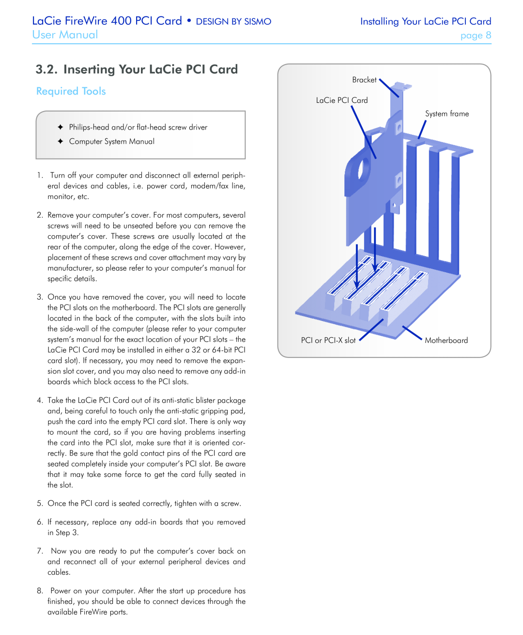 LaCie Inserting Your LaCie PCI Card, Required Tools, LaCie FireWire 400 PCI Card DESIGN BY SISMO, User Manual, page 
