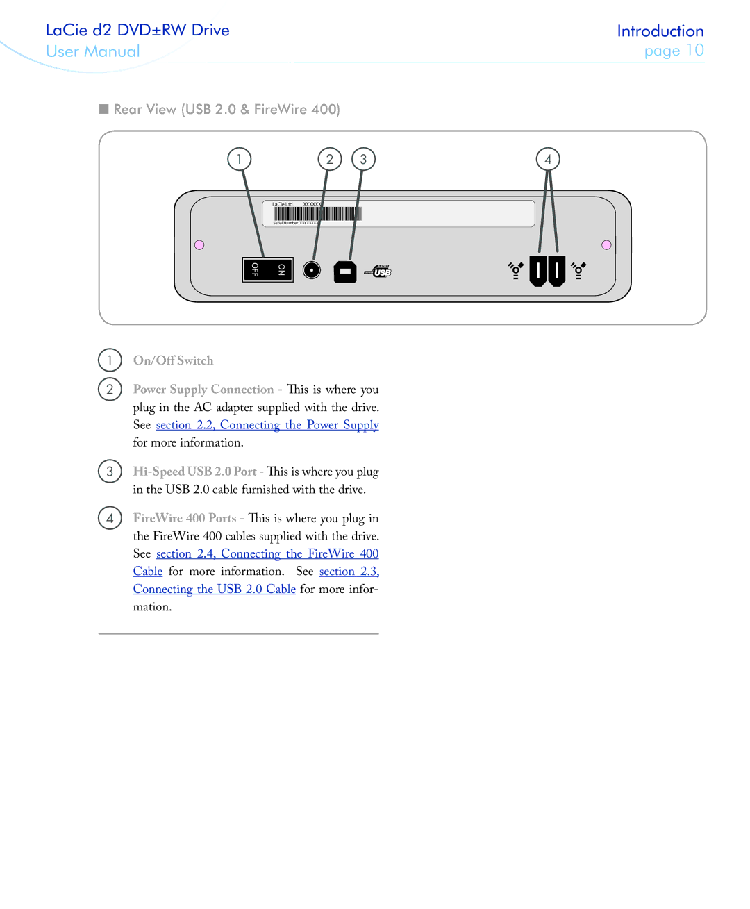 LaCie 400USB user manual Rear View USB 2.0 & FireWire 