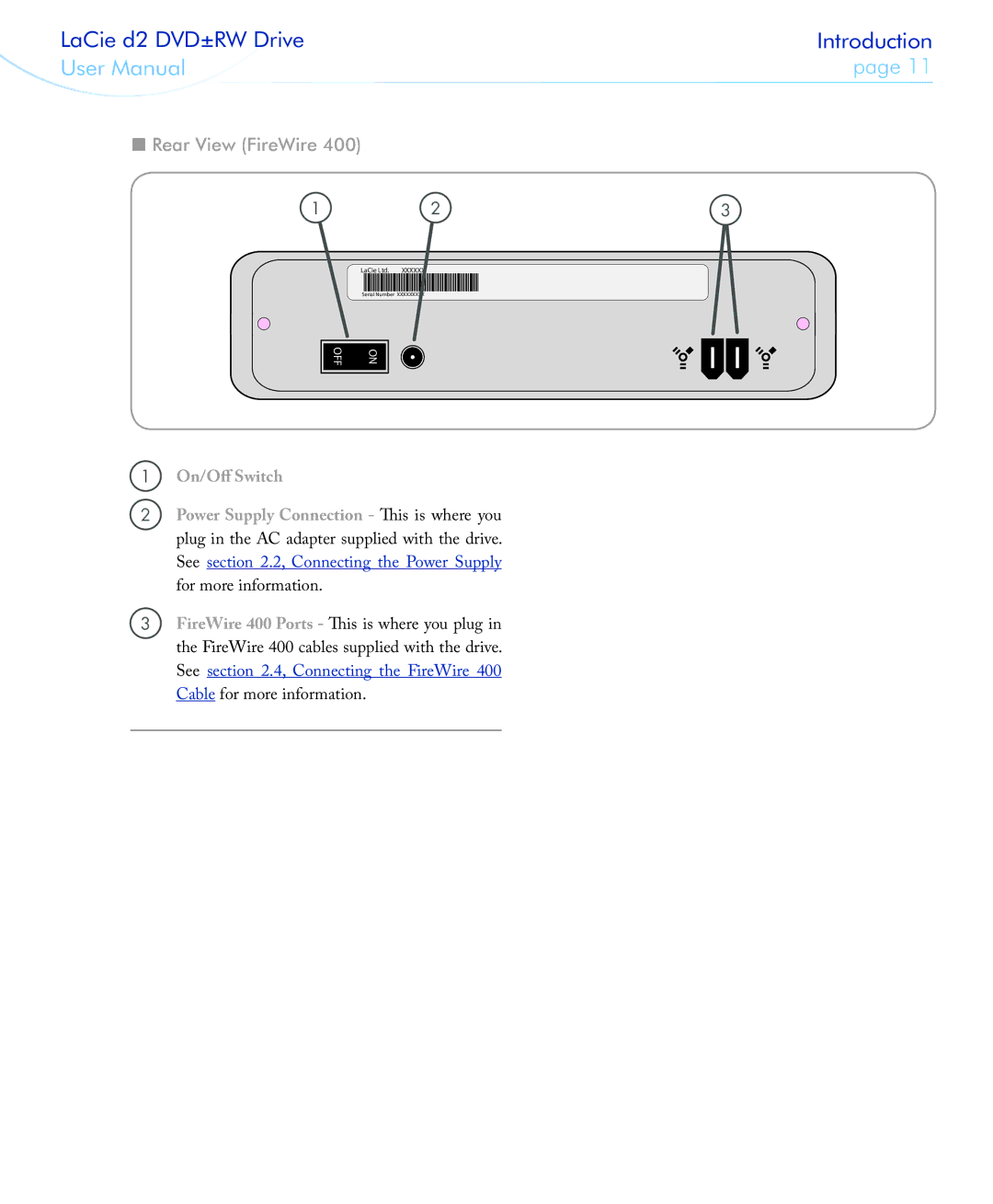 LaCie 400USB user manual Rear View FireWire 