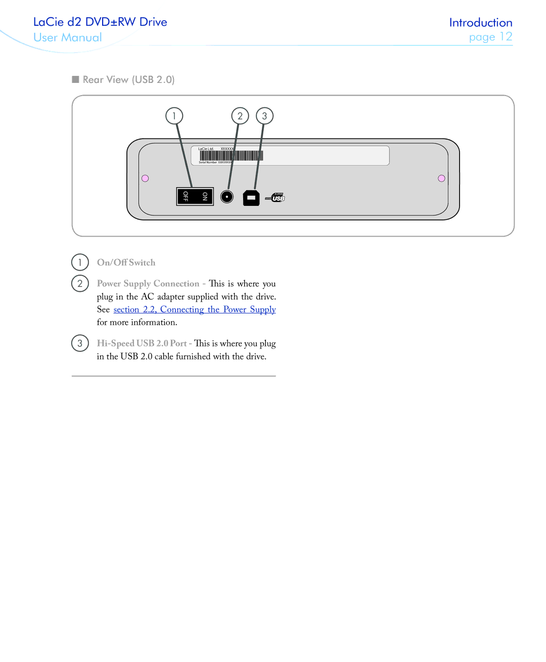 LaCie 400USB user manual Rear View USB 