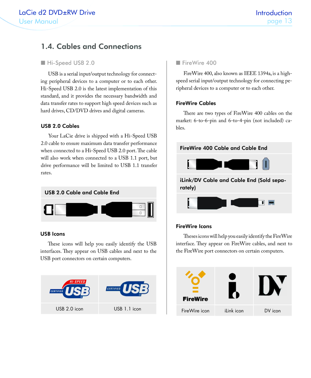 LaCie 400USB user manual Cables and Connections, Hi-Speed USB, FireWire 