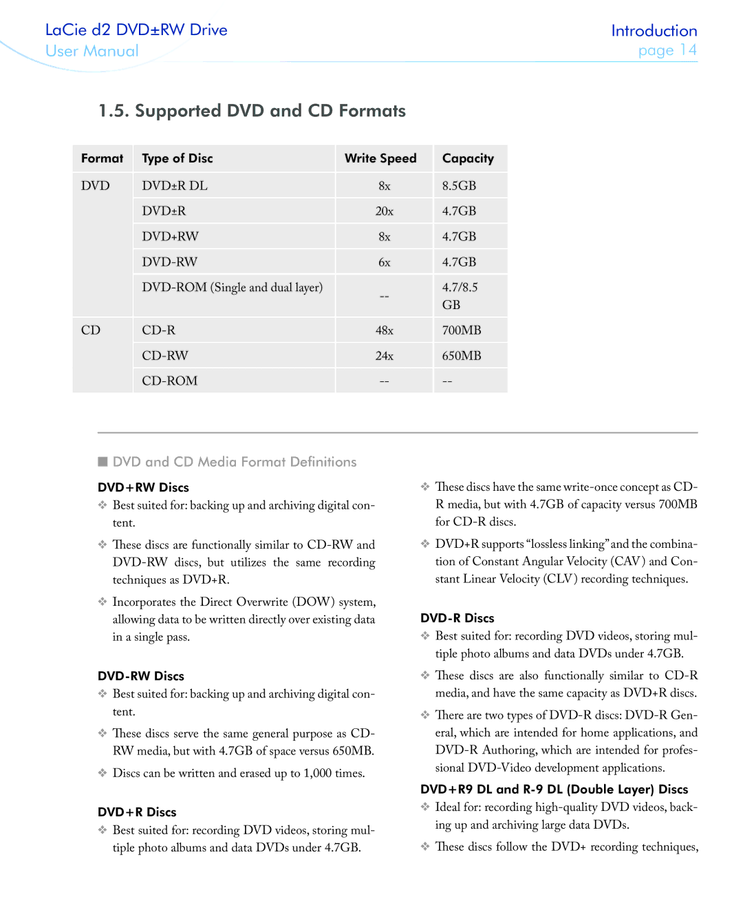 LaCie 400USB user manual Supported DVD and CD Formats, DVD and CD Media Format Definitions 