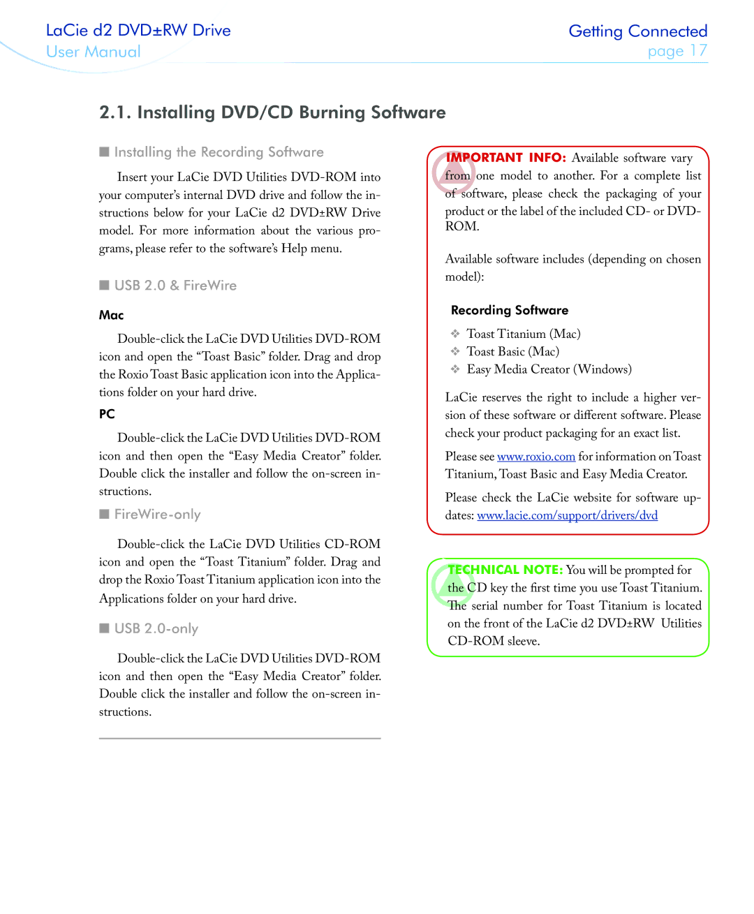 LaCie 400USB user manual Installing DVD/CD Burning Software, Installing the Recording Software, FireWire-only, USB 2.0-only 