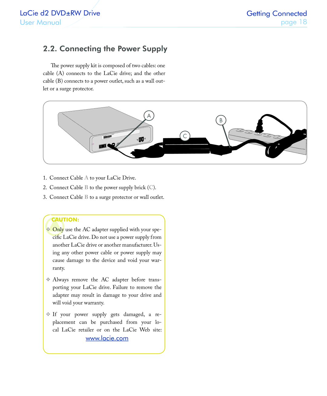 LaCie 400USB user manual Connecting the Power Supply 