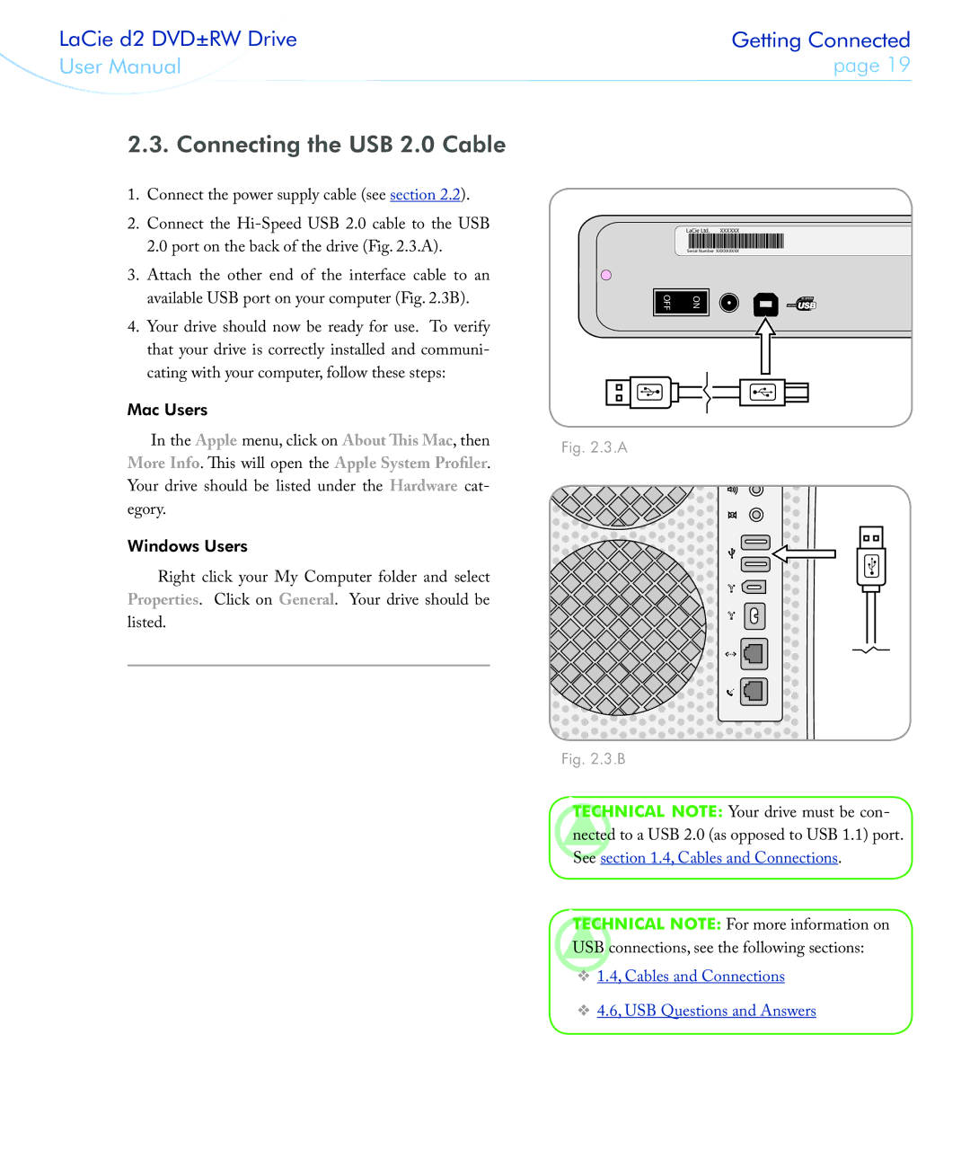 LaCie 400USB user manual Connecting the USB 2.0 Cable, More Info. This will open theApple System Profiler 