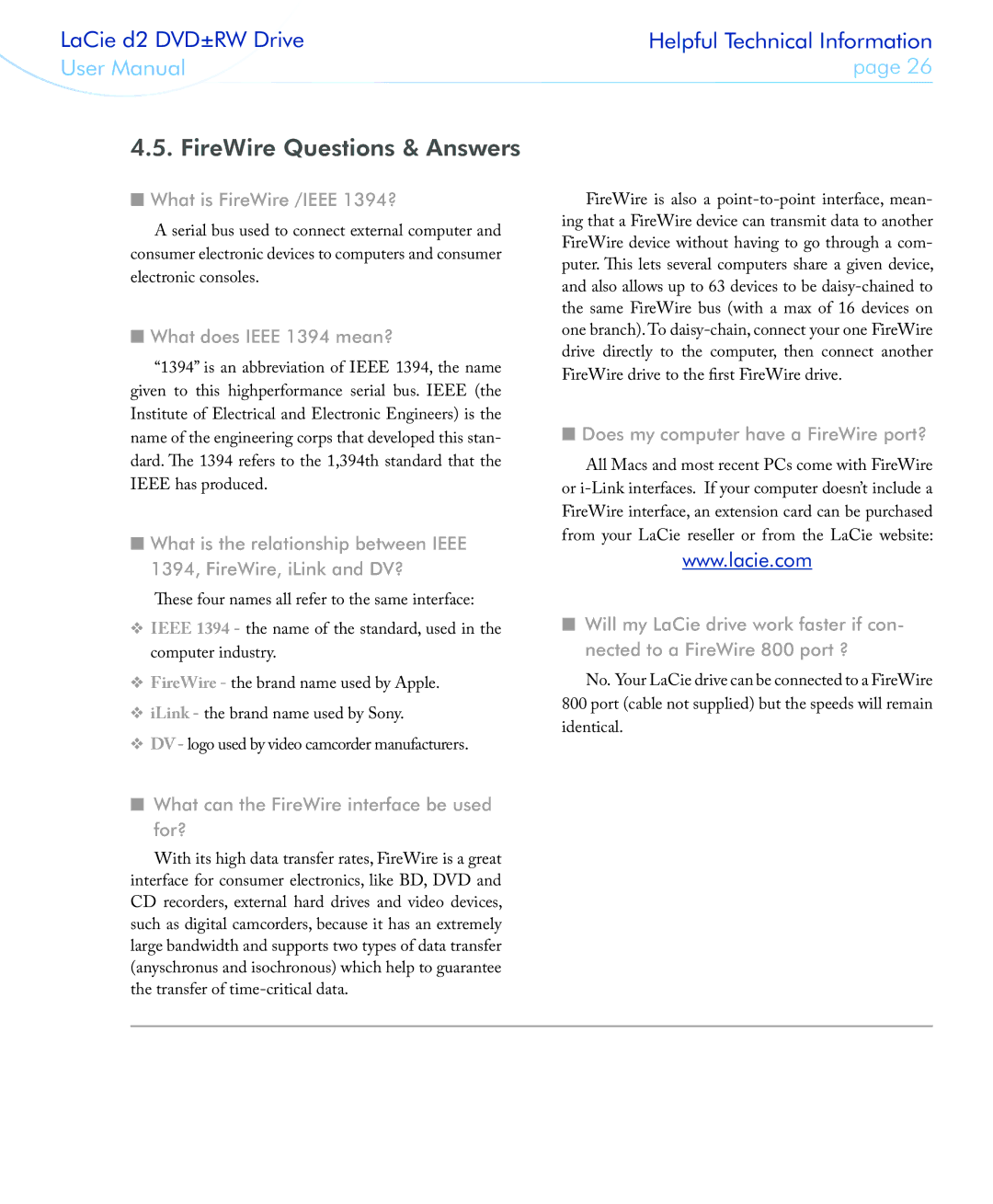 LaCie 400USB user manual FireWire Questions & Answers, What is FireWire /IEEE 1394?, What does Ieee 1394 mean? 