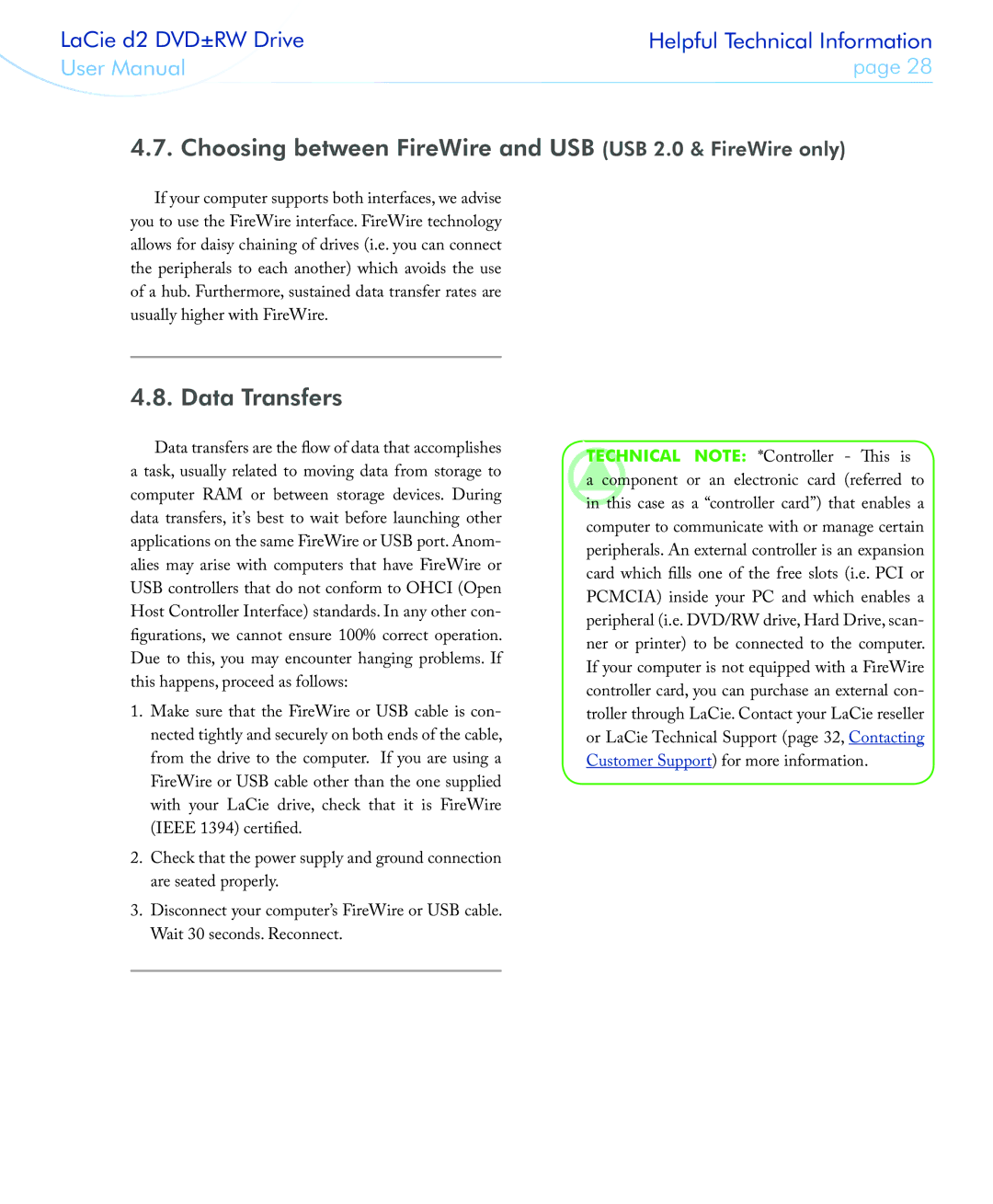 LaCie 400USB user manual Choosing between FireWire and USB USB 2.0 & FireWire only, Data Transfers 