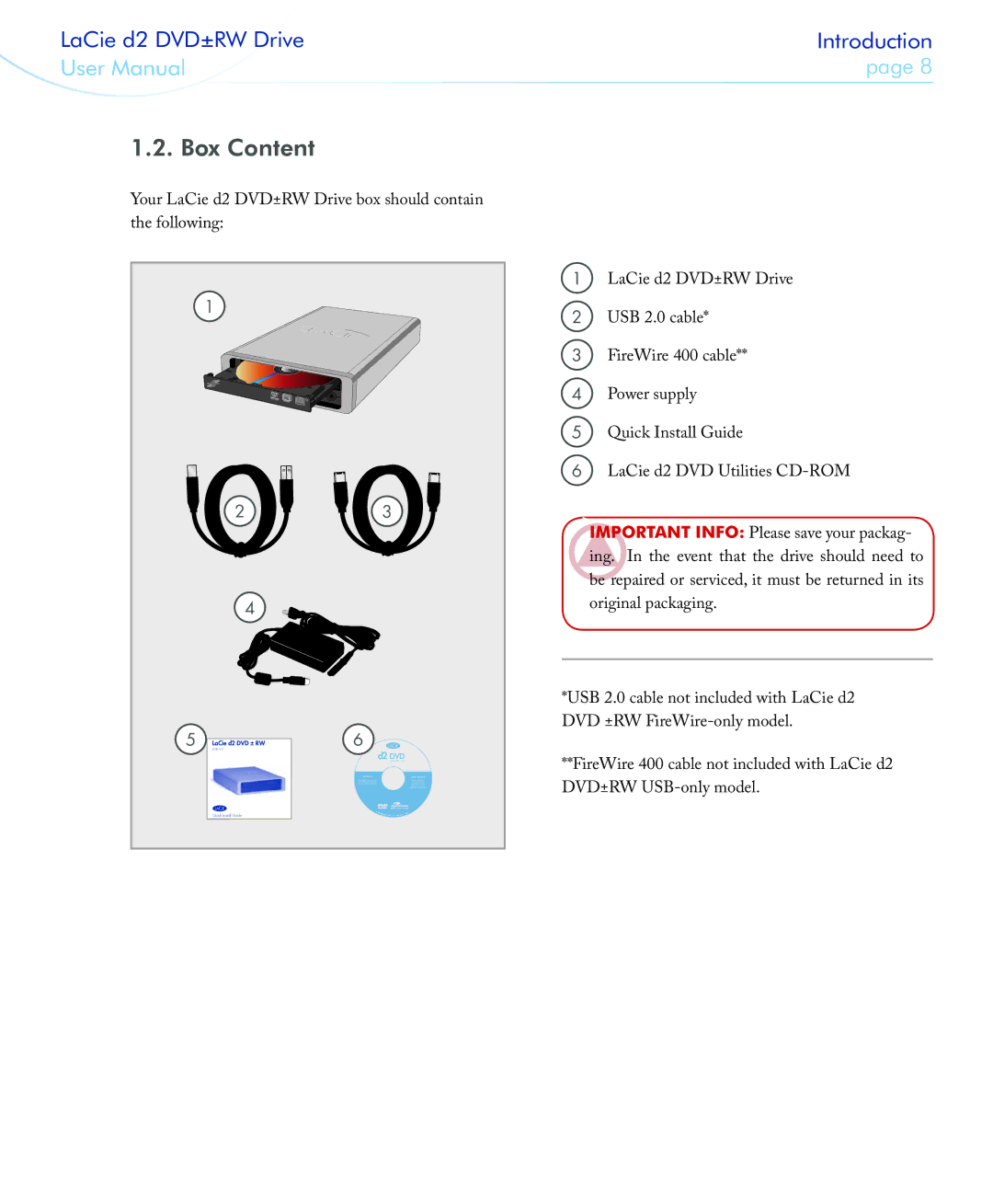 LaCie 400USB user manual Box Content, Your LaCie d2 DVD±RW Drive box should contain the following 