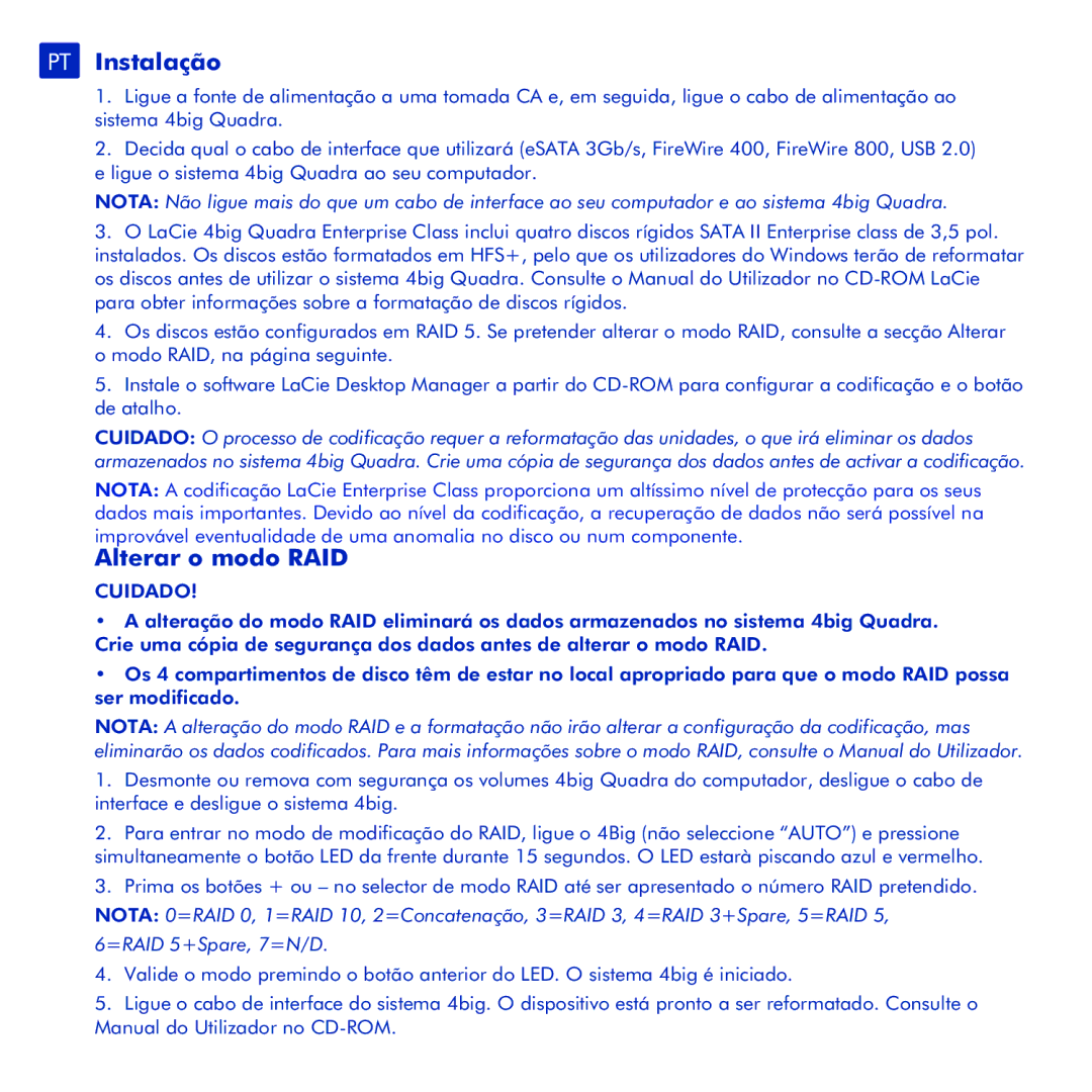 LaCie 4big Quadra manual PT Instalação, Alterar o modo RAID, Cuidado 