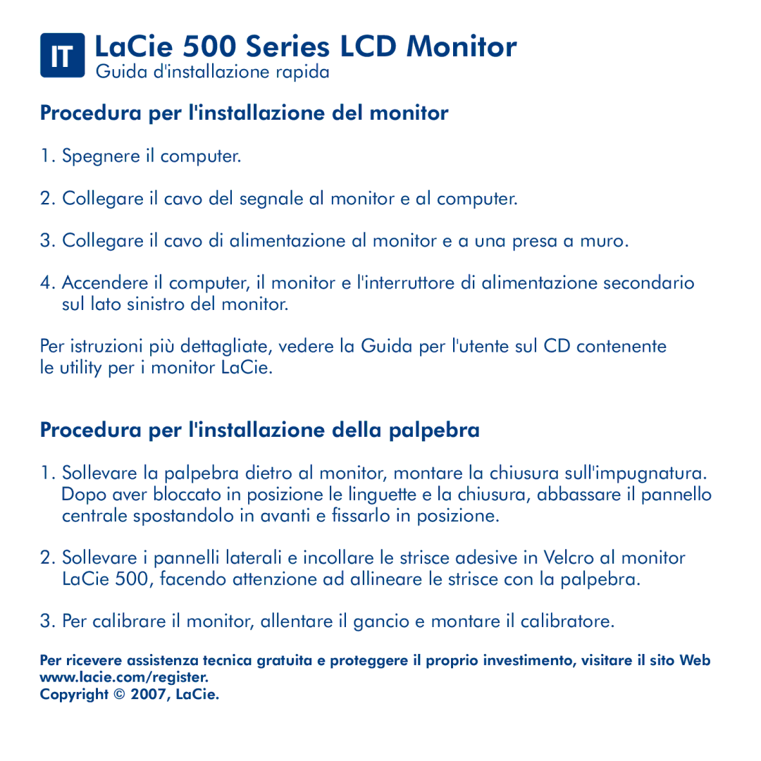 LaCie manual IT LaCie 500 Series LCD Monitor, Procedura per linstallazione del monitor 