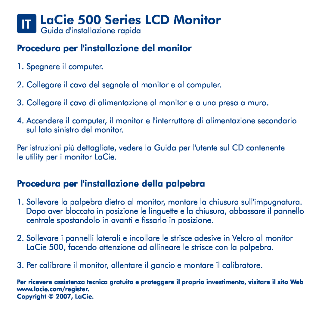 LaCie manual IT LaCie 500 Series LCD Monitor, Procedura per linstallazione del monitor 