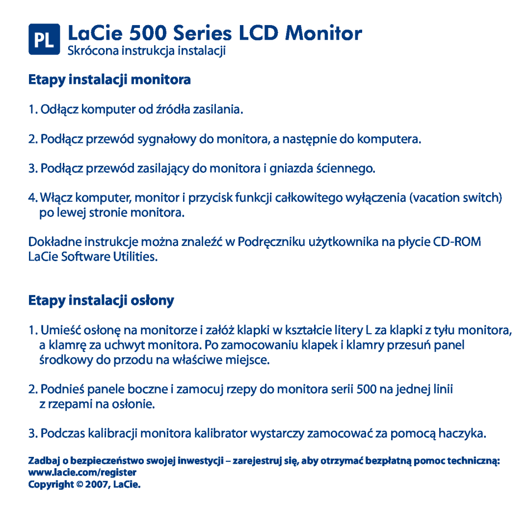 LaCie manual PL LaCie 500 Series LCD Monitor, Etapy instalacji monitora, Etapy instalacji osłony 
