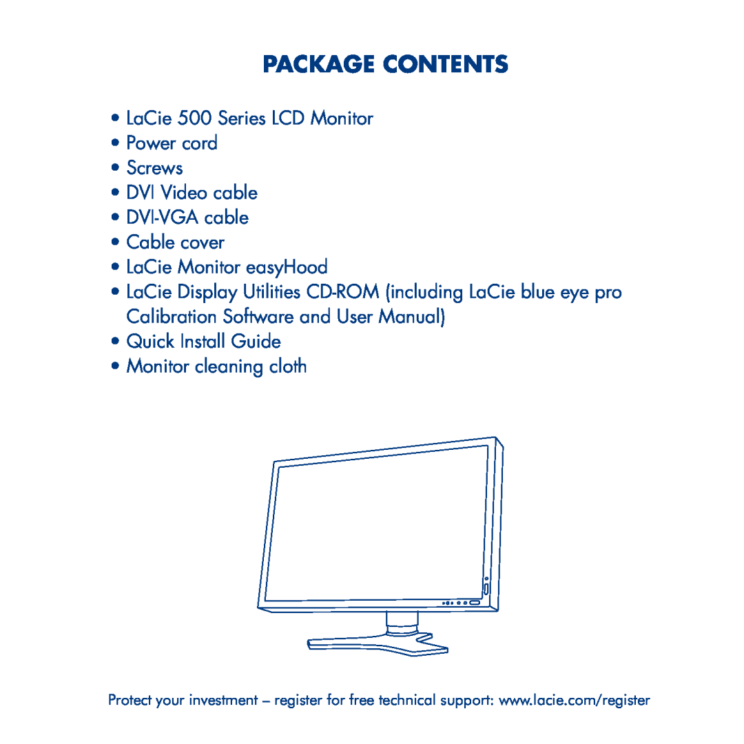 LaCie manual Package Contents, LaCie 500 Series LCD Monitor Power cord Screws DVI Video cable 