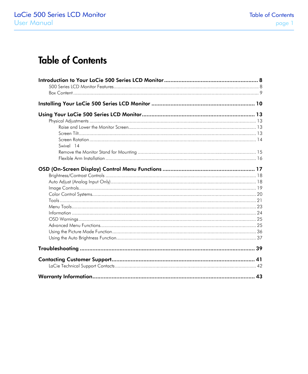 LaCie 526 user manual Table of Contents 