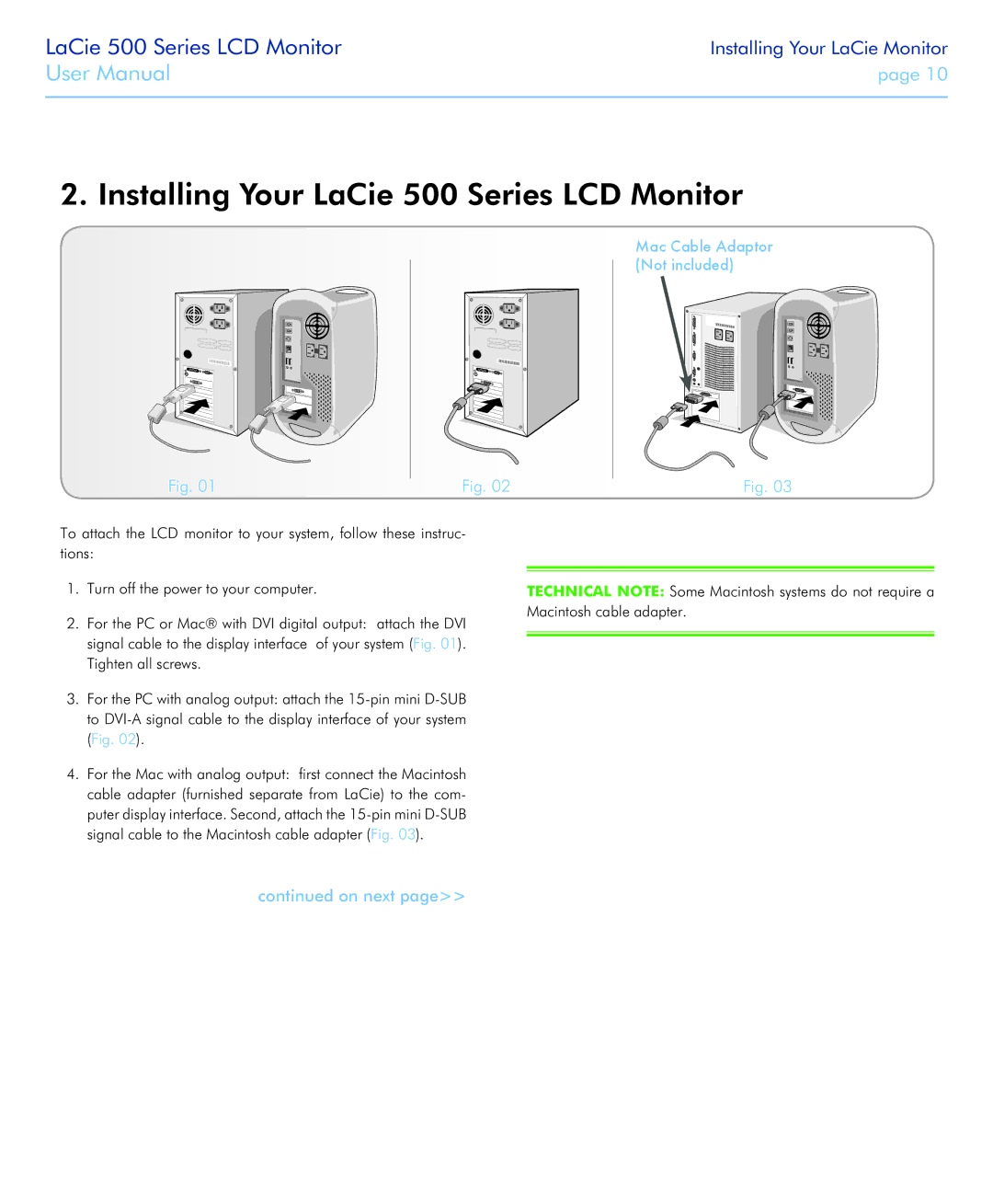 LaCie 526 user manual Installing Your LaCie 500 Series LCD Monitor, Mac Cable Adaptor Not included 