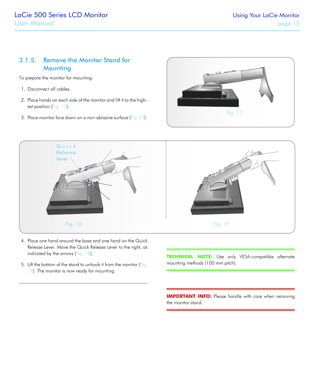 LaCie 526 user manual Remove the Monitor Stand for Mounting, I c k Release Lever 