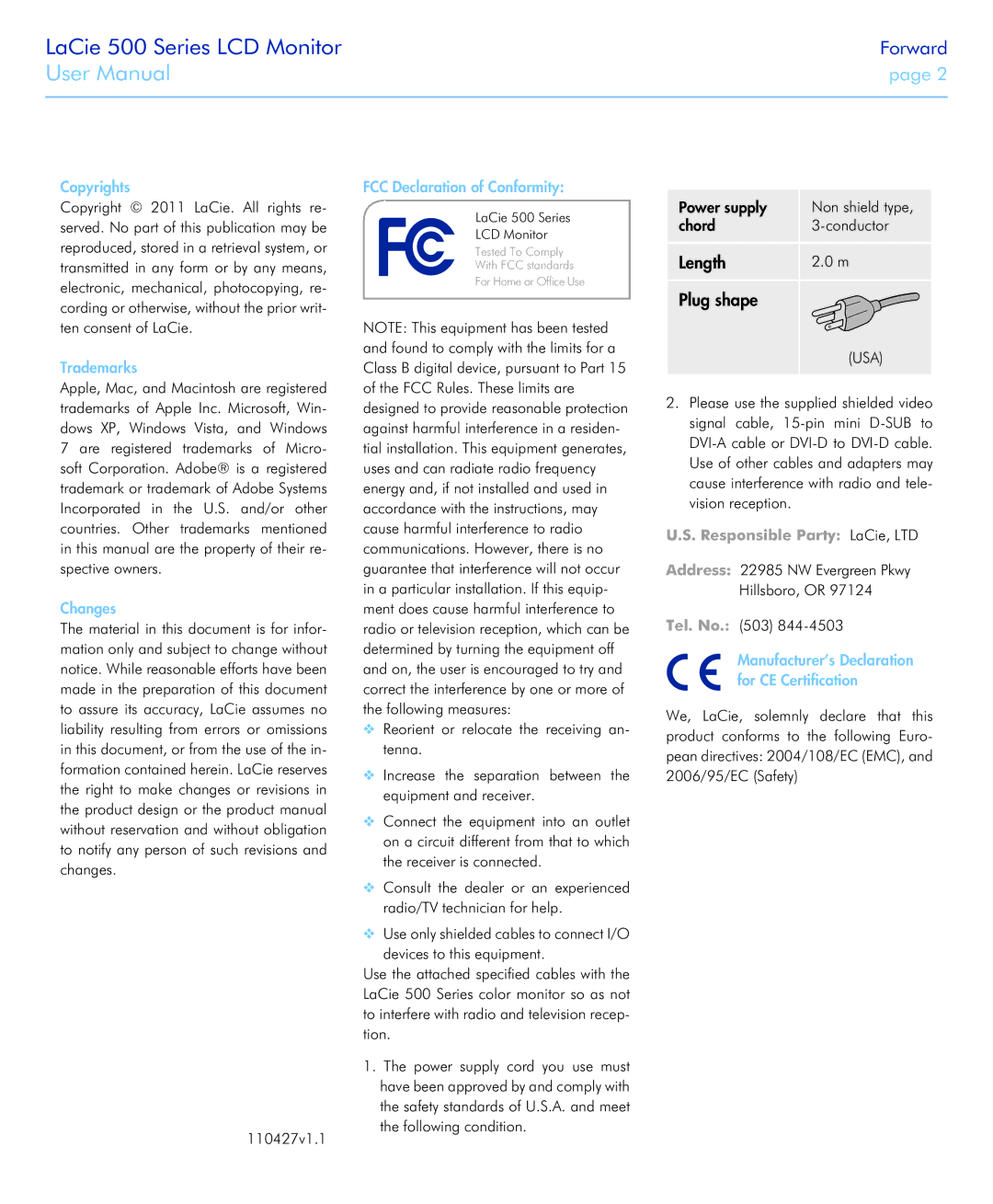 LaCie 526 user manual Copyrights, Trademarks, Changes, FCC Declaration of Conformity, Usa 