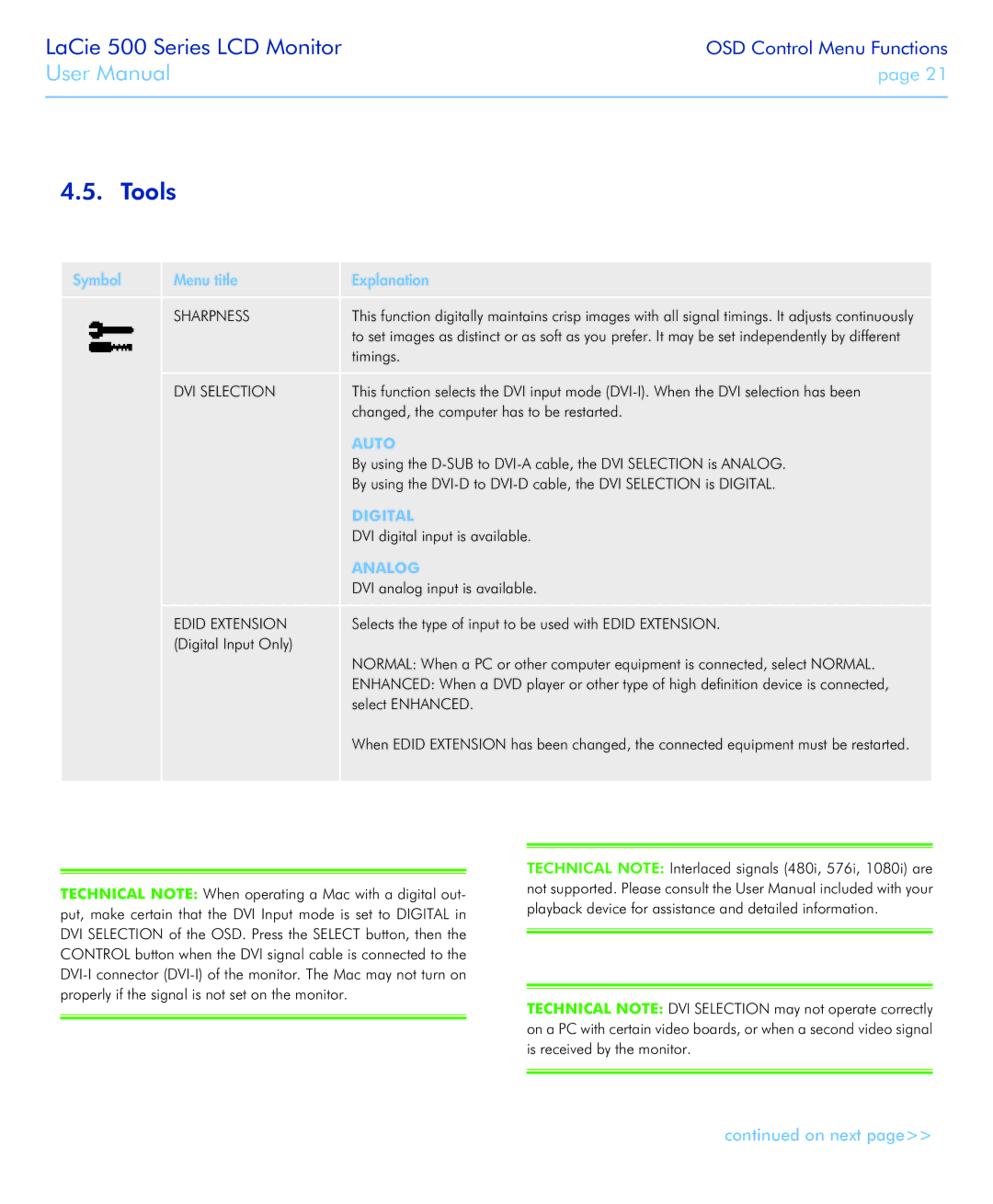 LaCie 526 user manual Tools, Sharpness, DVI Selection, Edid Extension 