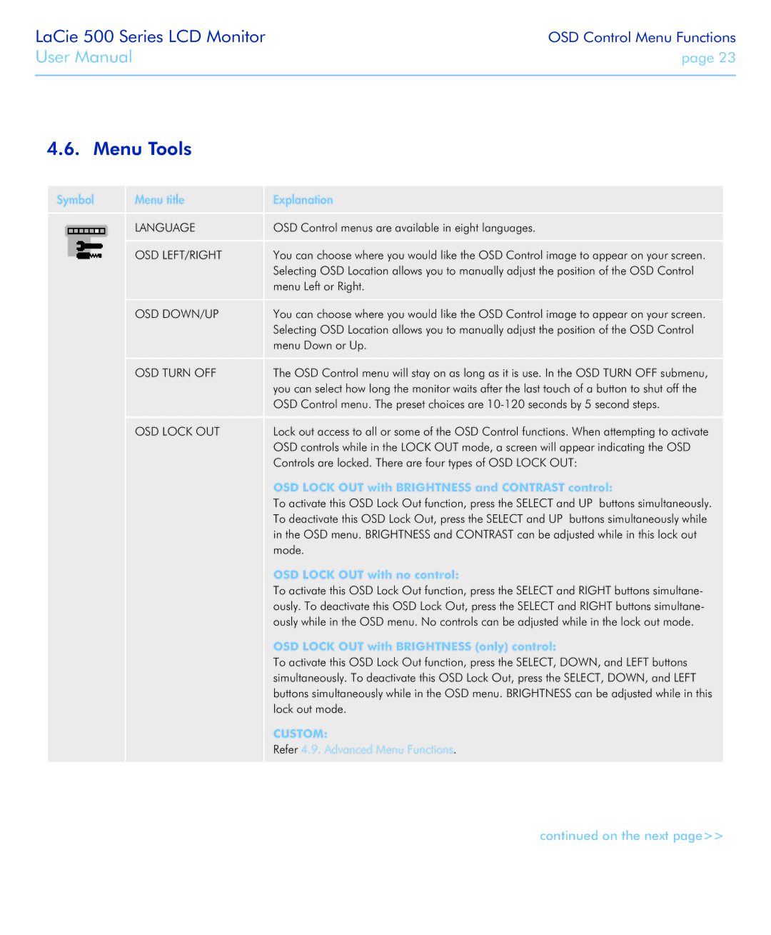 LaCie 526 user manual Menu Tools 