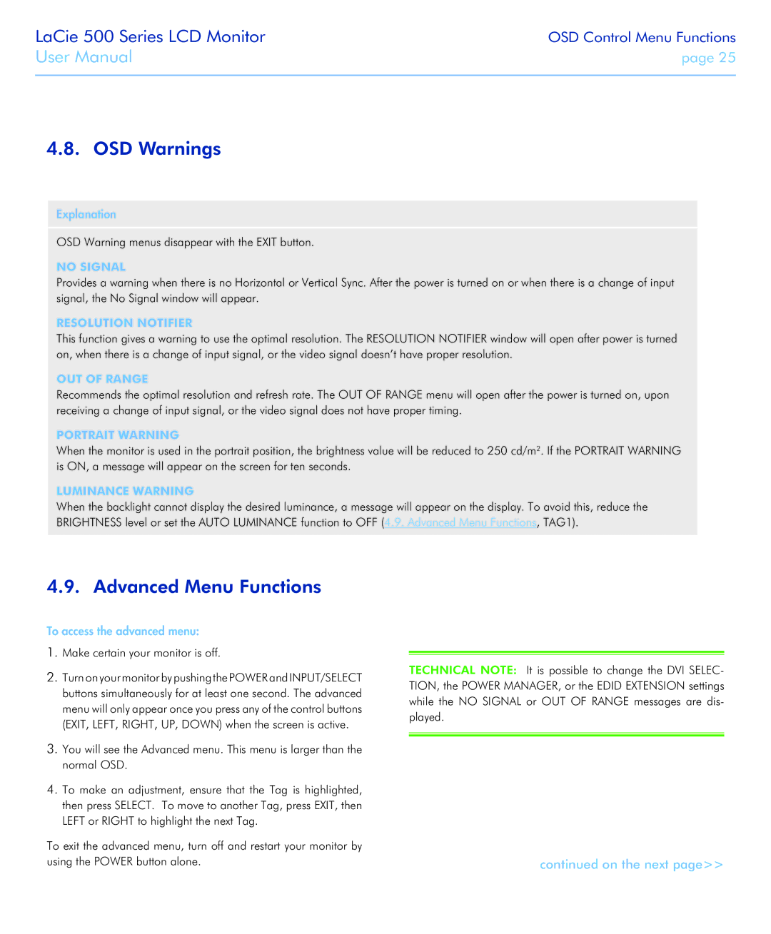 LaCie 526 user manual OSD Warnings, Advanced Menu Functions, OSD Warning menus disappear with the Exit button 