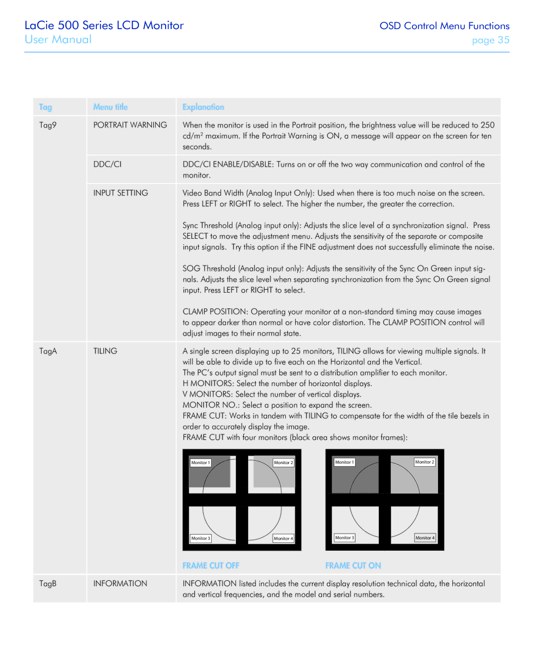 LaCie 526 user manual Portrait Warning, Ddc/Ci, Input Setting, Tiling 