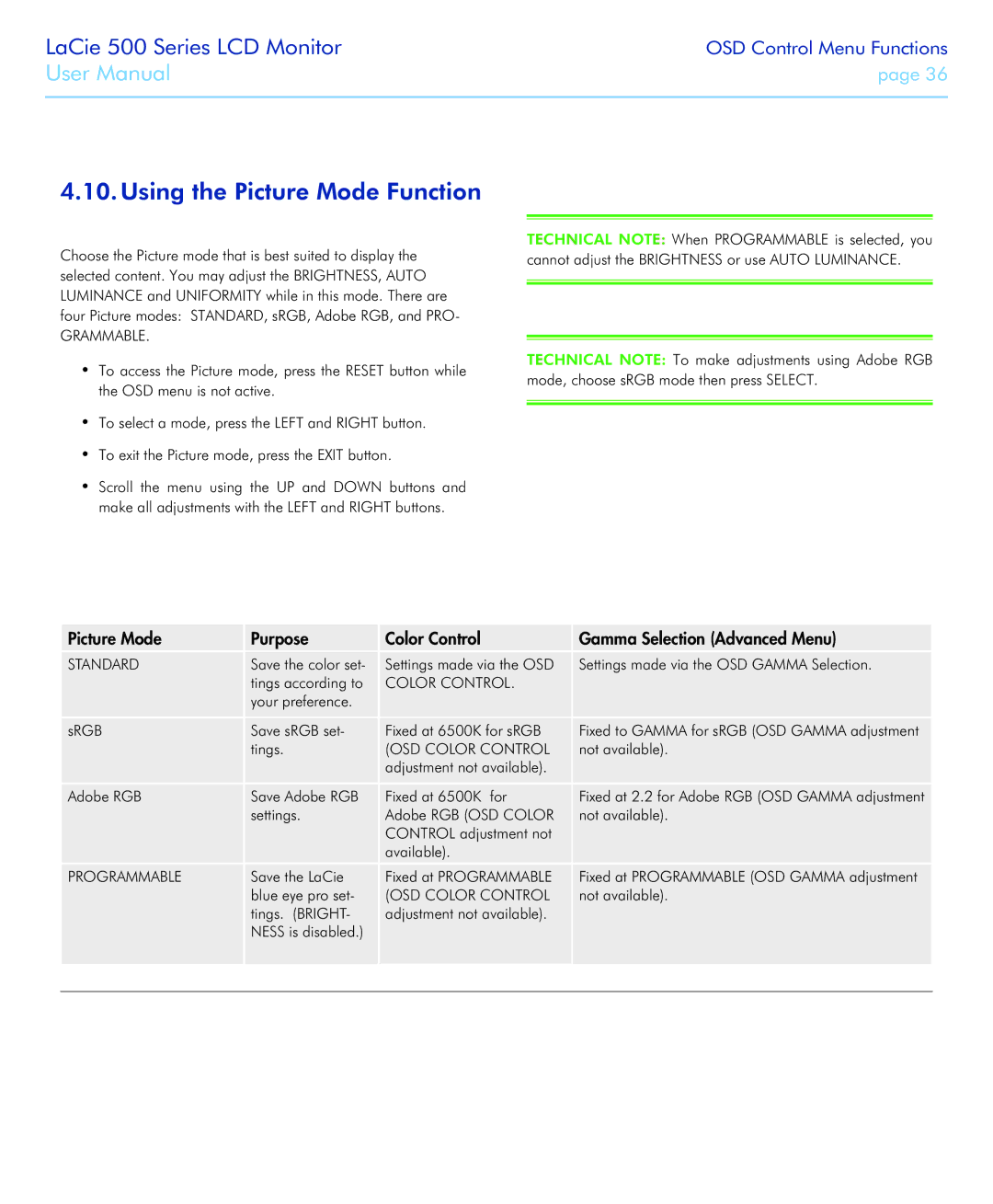 LaCie 526 user manual Using the Picture Mode Function, Grammable, Standard, OSD Color Control 