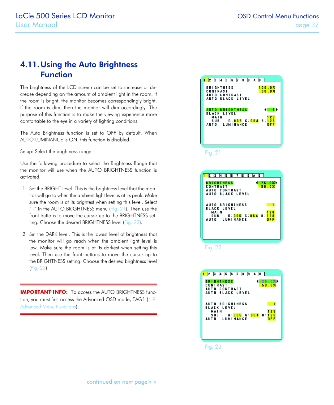 LaCie 526 user manual Using the Auto Brightness Function 