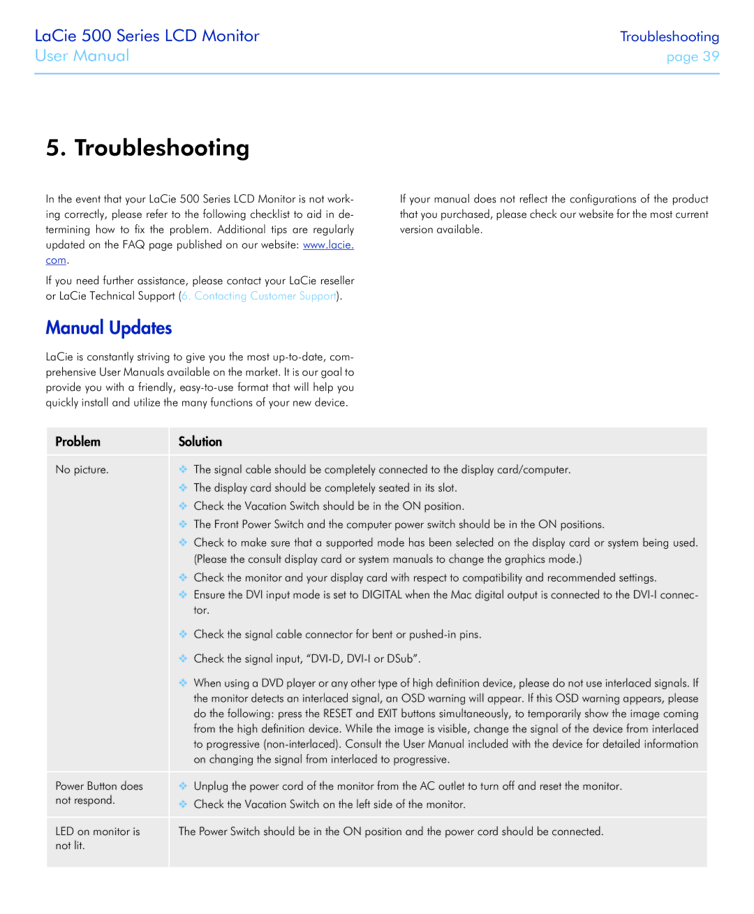 LaCie 526 user manual Troubleshooting, Manual Updates 