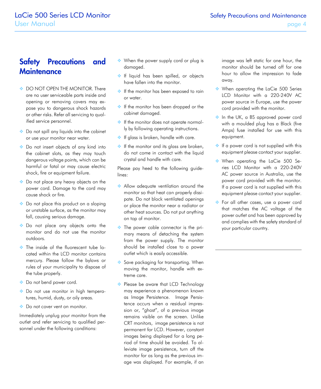 LaCie 526 Safety Precautions and Maintenance, Do not cover vent on monitor, If glass is broken, handle with care 