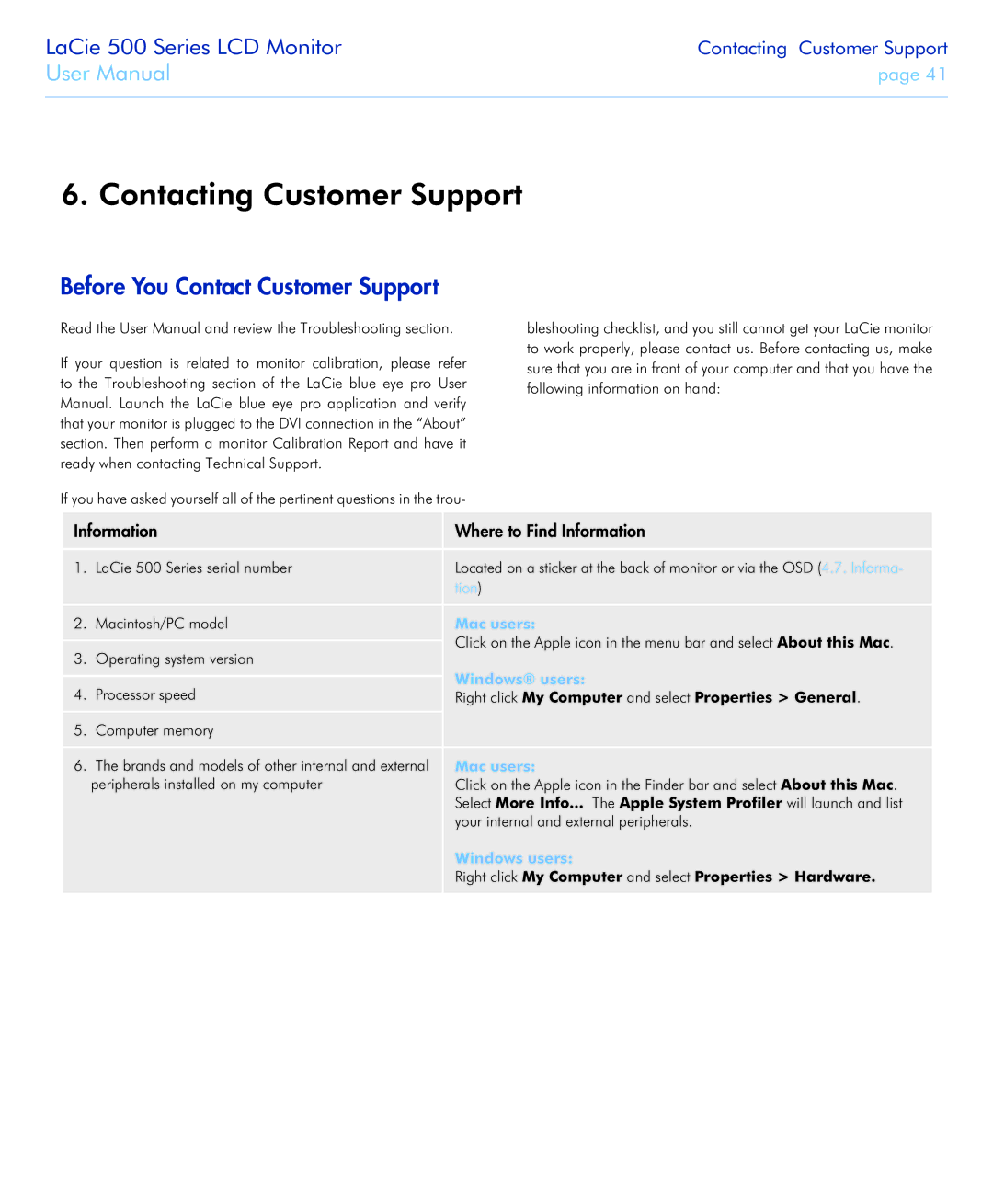 LaCie 526 user manual Contacting Customer Support, Before You Contact Customer Support, Tion 