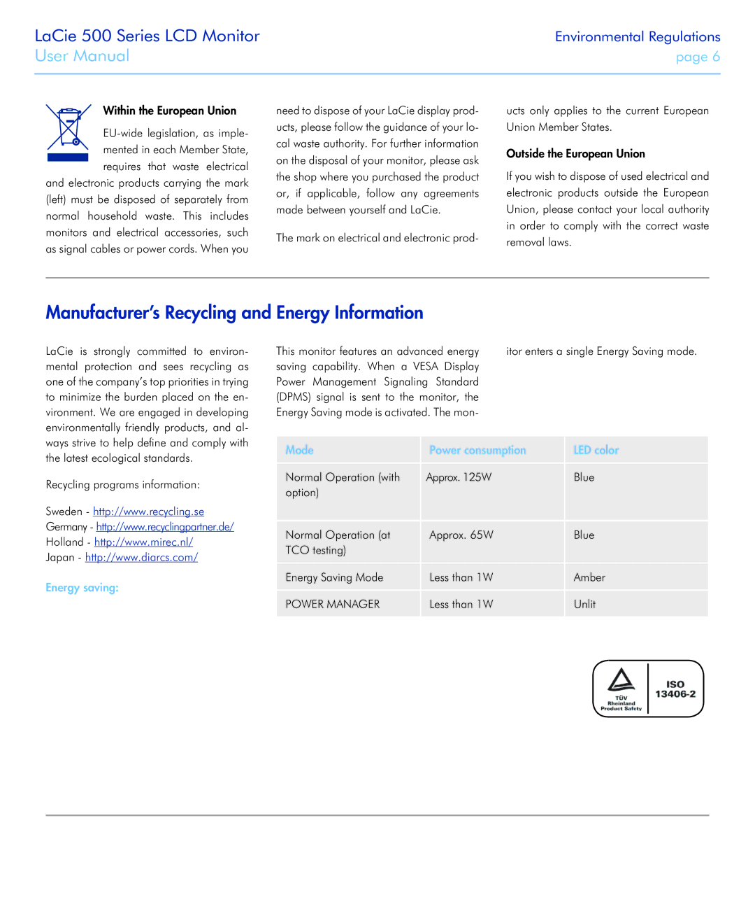 LaCie 526 user manual Manufacturer’s Recycling and Energy Information, Energy saving Mode Power consumption, Power Manager 