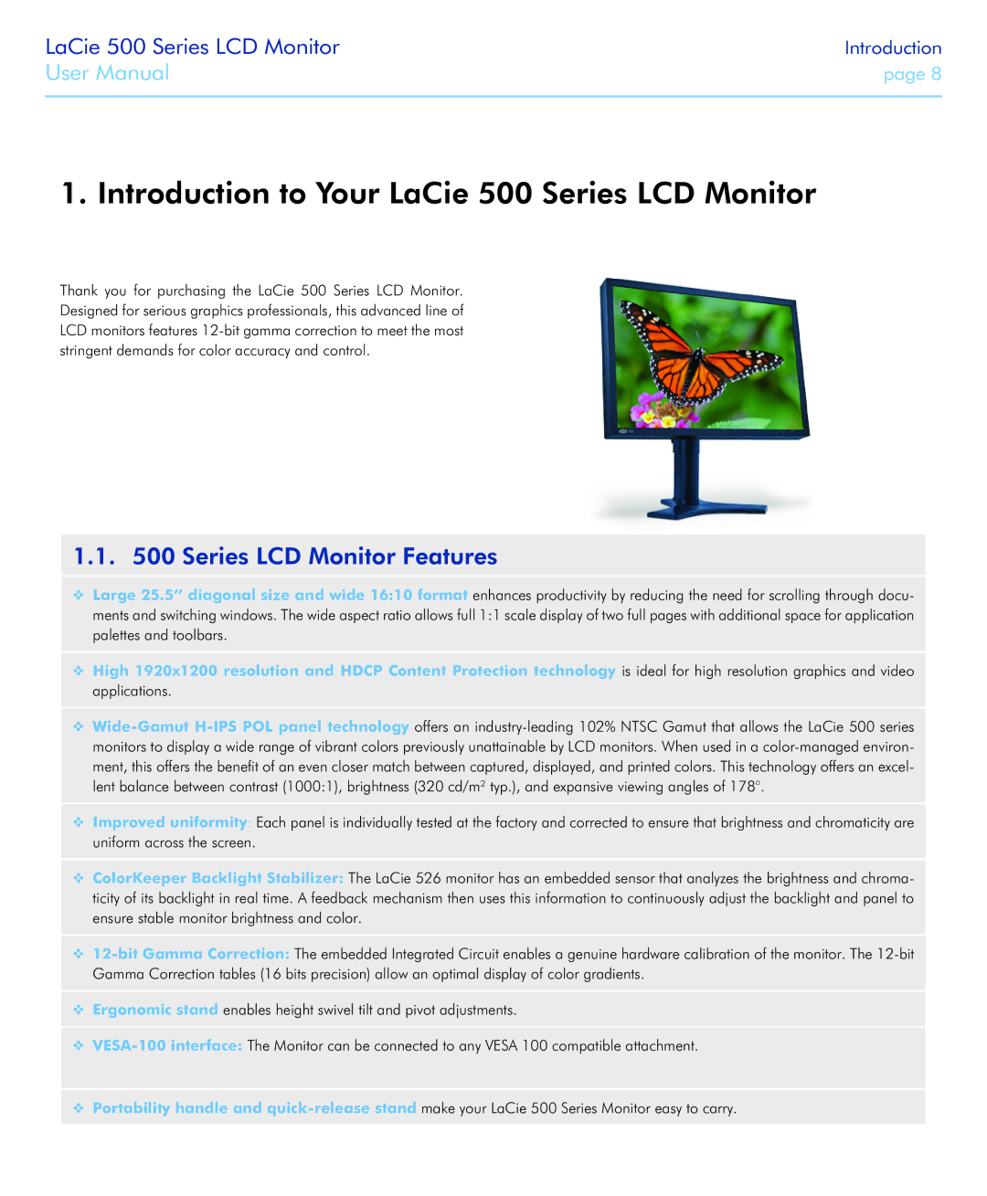 LaCie 526 user manual Introduction to Your LaCie 500 Series LCD Monitor, Series LCD Monitor Features 