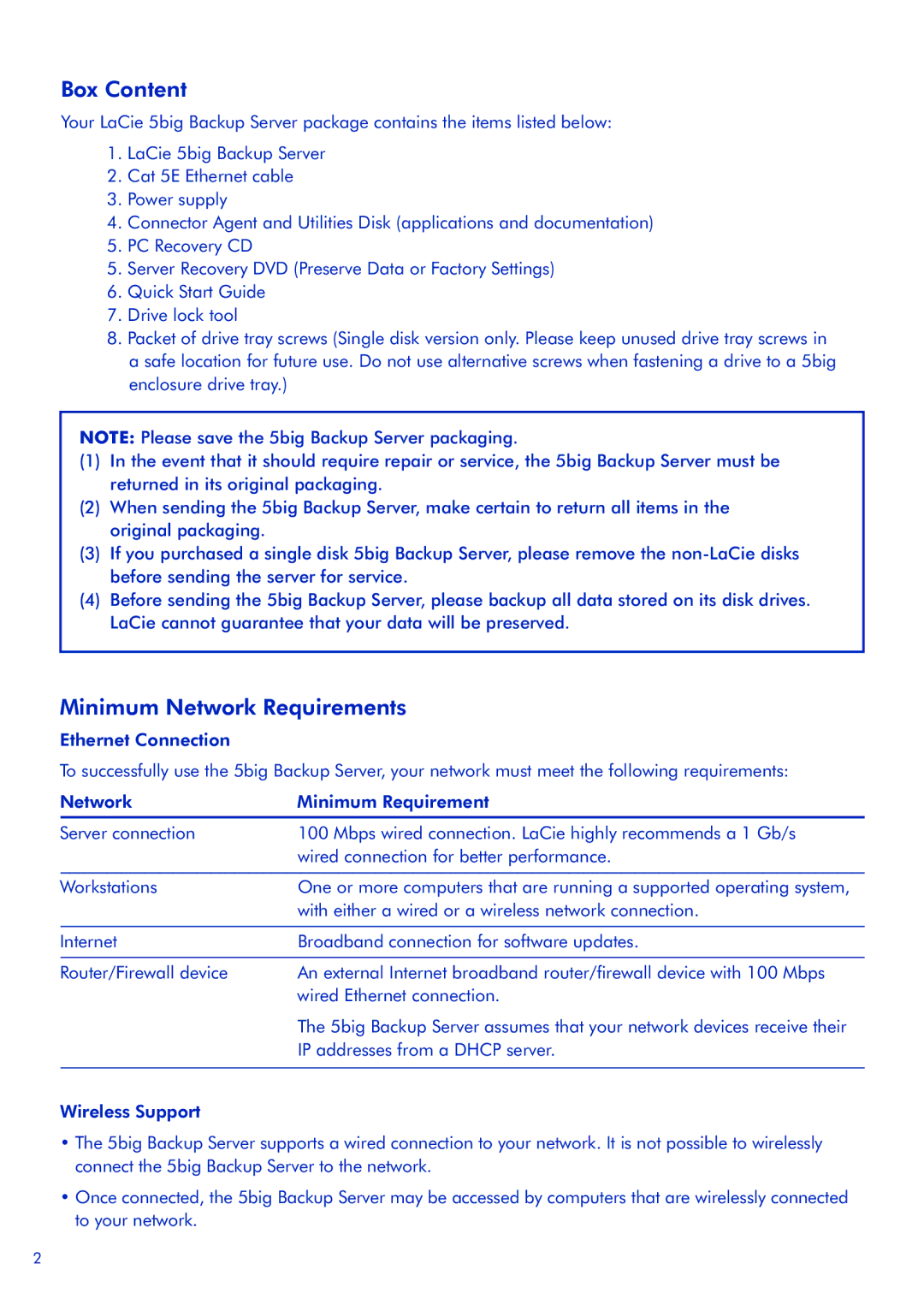 LaCie 5big Backup Server quick start Box Content, Minimum Network Requirements 