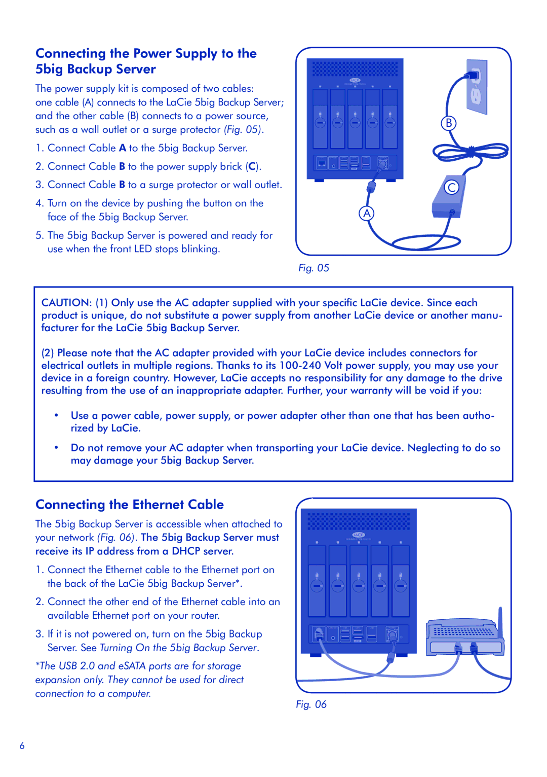 LaCie quick start Connecting the Power Supply to the 5big Backup Server, Connecting the Ethernet Cable 