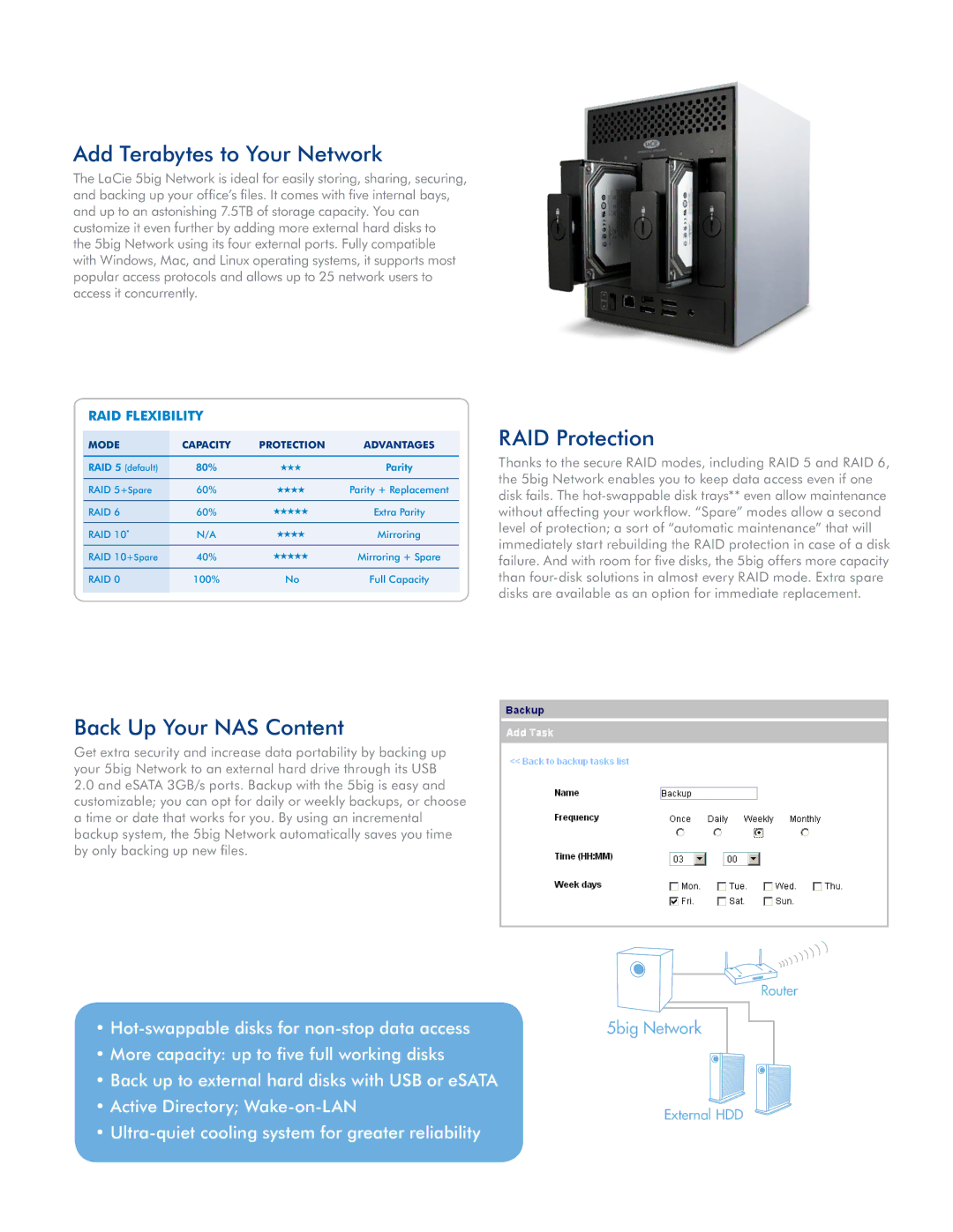 LaCie 5big Network manual Add Terabytes to Your Network, RAID Protection, Back Up Your NAS Content 