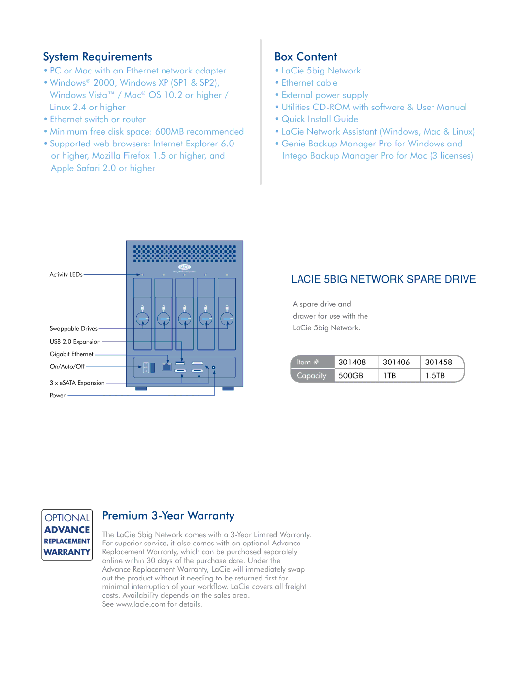 LaCie manual System Requirements, LaCie 5big Network Spare Drive 