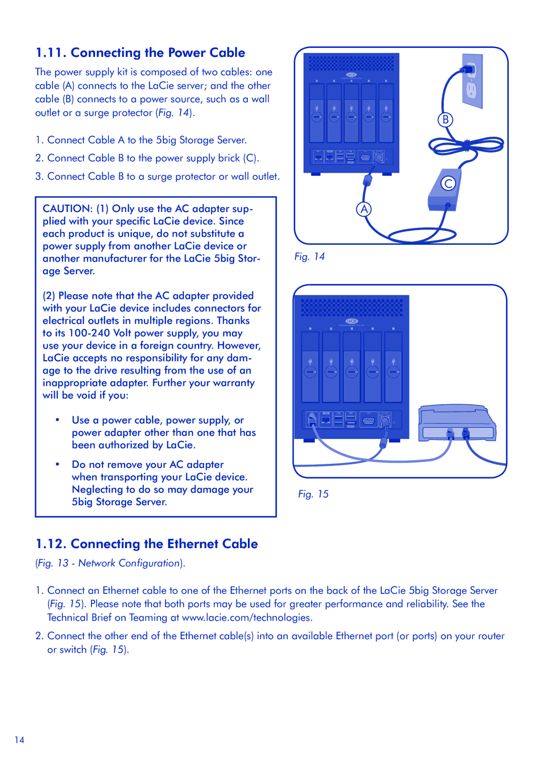 LaCie 5big Storage Server quick start Connecting the Power Cable, Connecting the Ethernet Cable 