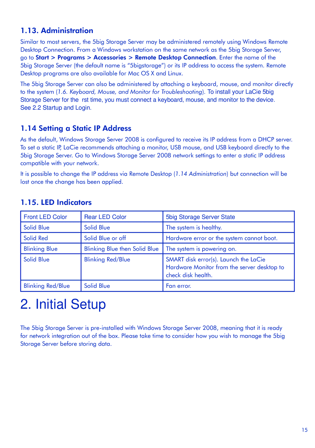 LaCie 5big Storage Server quick start Initial Setup, Administration, Setting a Static IP Address, LED Indicators 