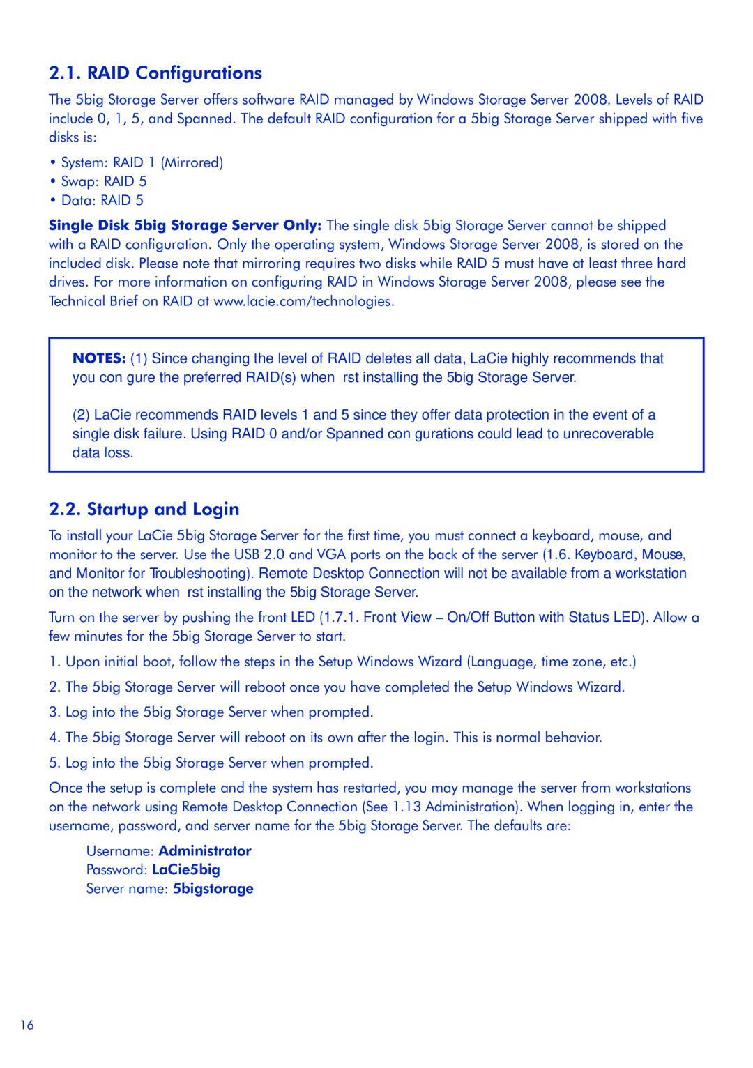 LaCie 5big Storage Server quick start RAID Configurations, Startup and Login 