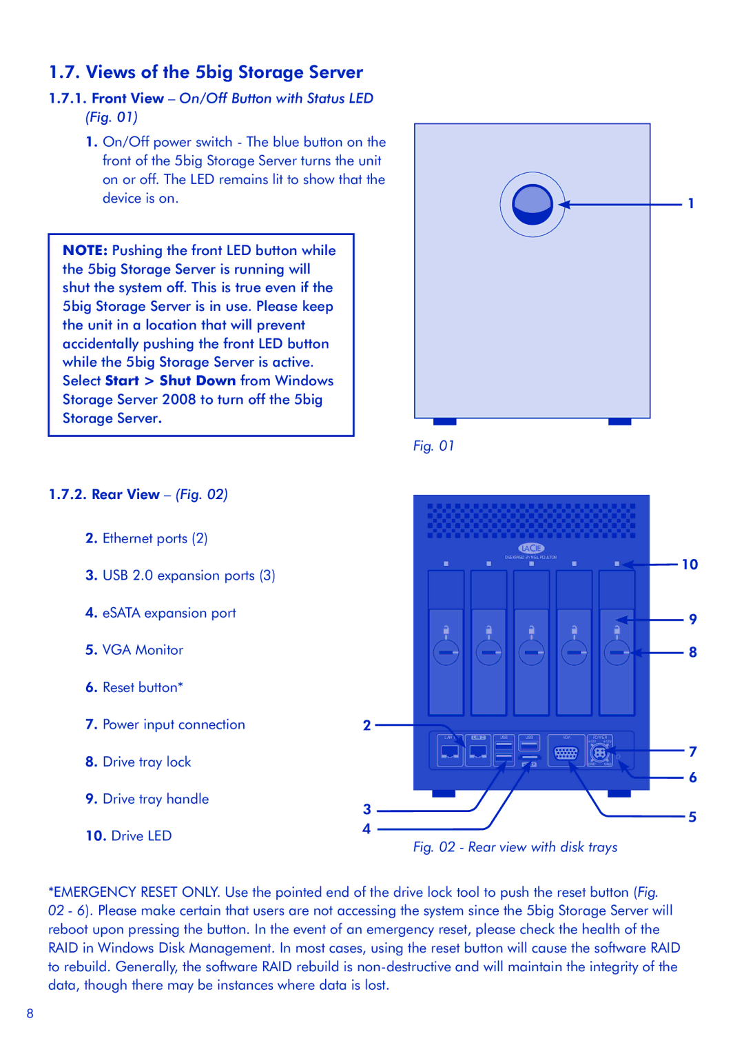 LaCie quick start Views of the 5big Storage Server, Front View On/Off Button with Status LED Fig 