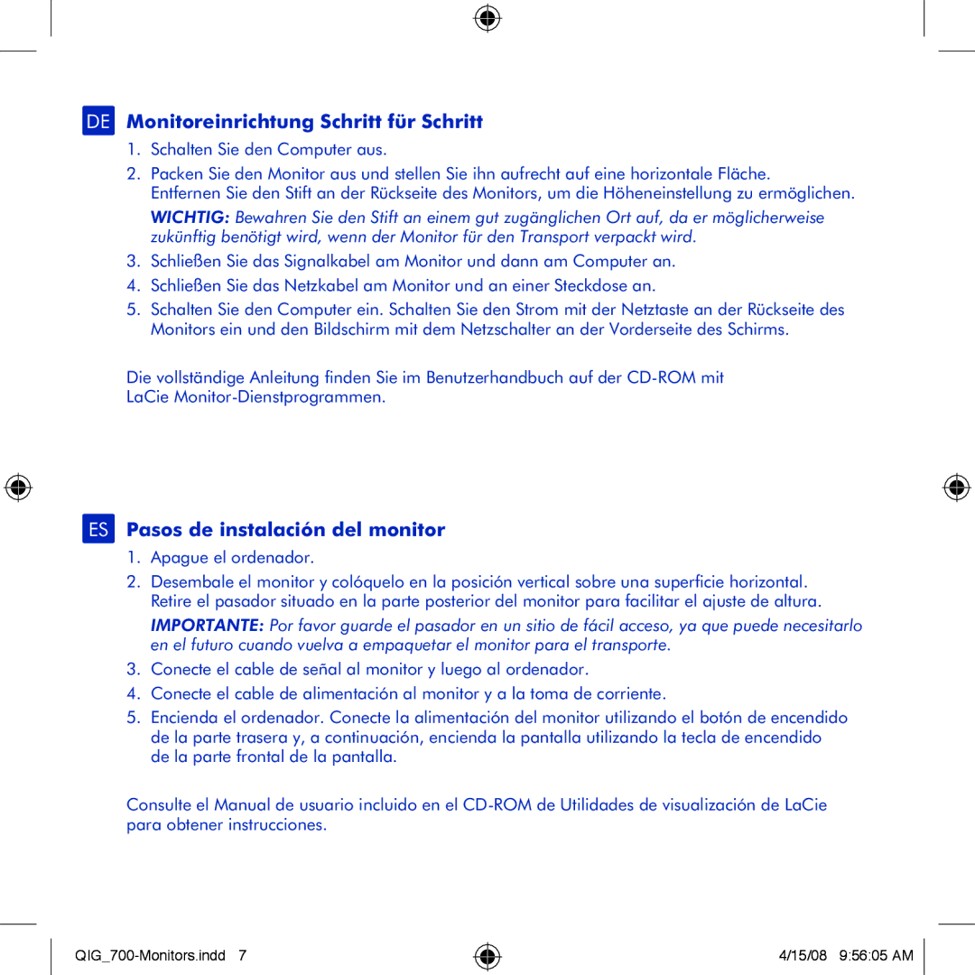 LaCie 700 manual DE Monitoreinrichtung Schritt für Schritt, ES Pasos de instalación del monitor 