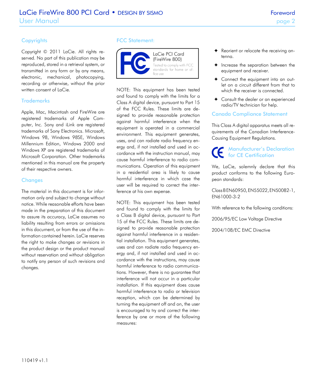 LaCie 800 user manual Copyrights, Trademarks, Changes, FCC Statement, Canada Compliance Statement 