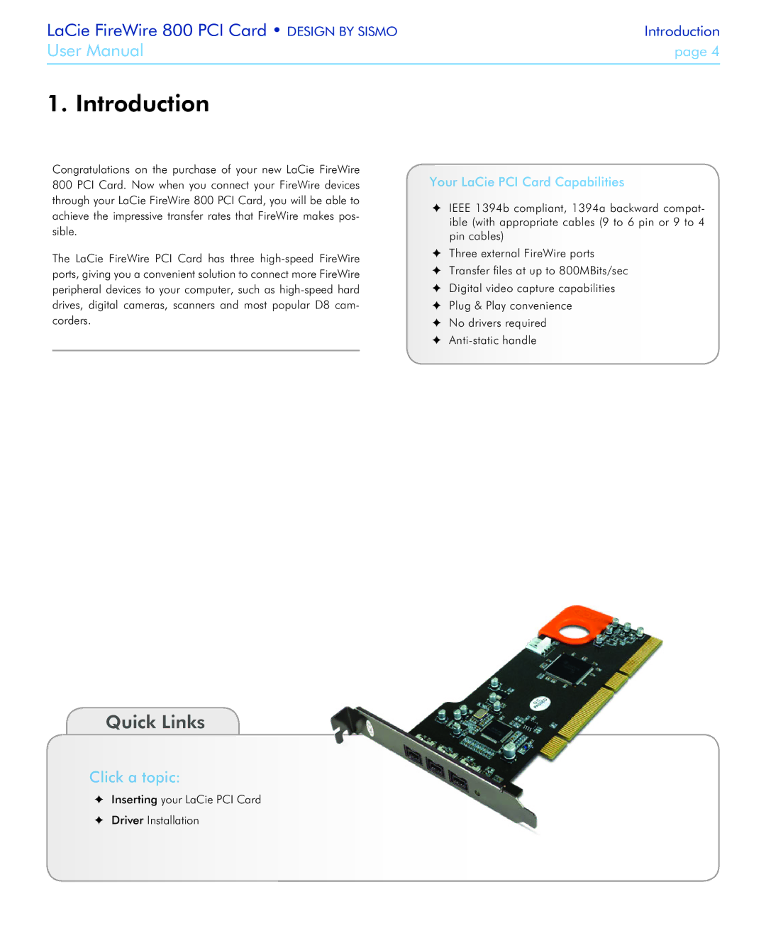 LaCie 800 user manual Introduction, Quick Links, Click a topic, Your LaCie PCI Card Capabilities 