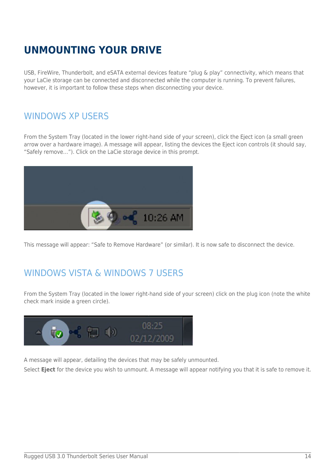 LaCie 9000291 user manual Unmounting Your Drive, Windows XP Users, Windows Vista & Windows 7 Users 